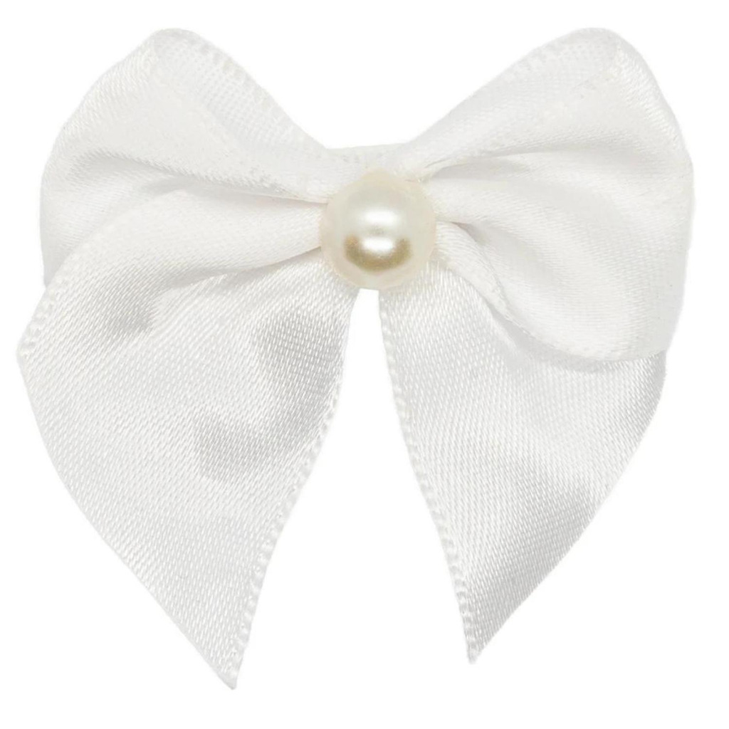 [384-White--] Satengsløyfe med perle | White